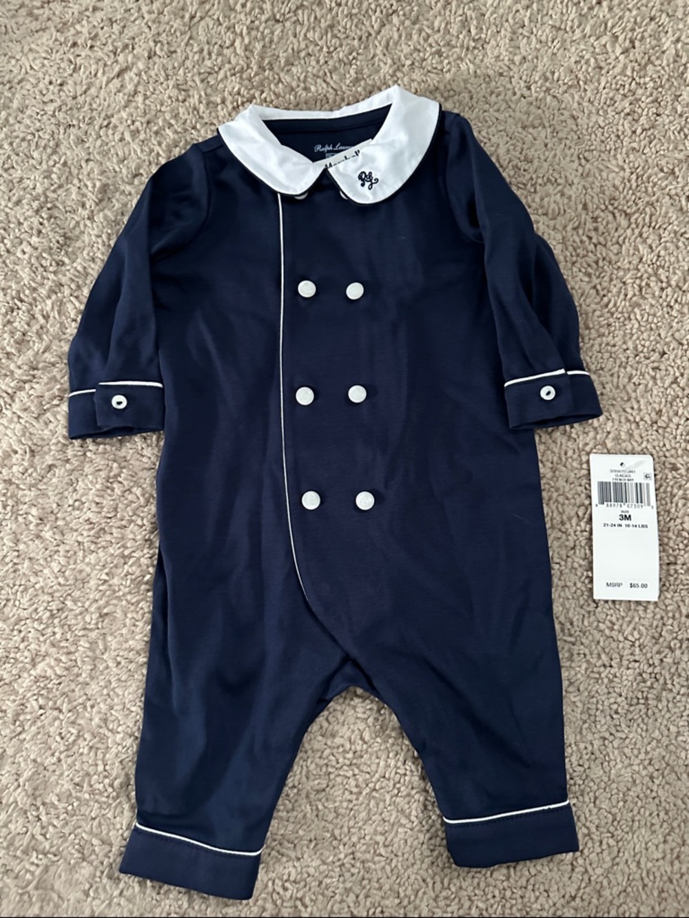 NWT Ralph Lauren Navy One-Piece with White Collar & Piping 3m